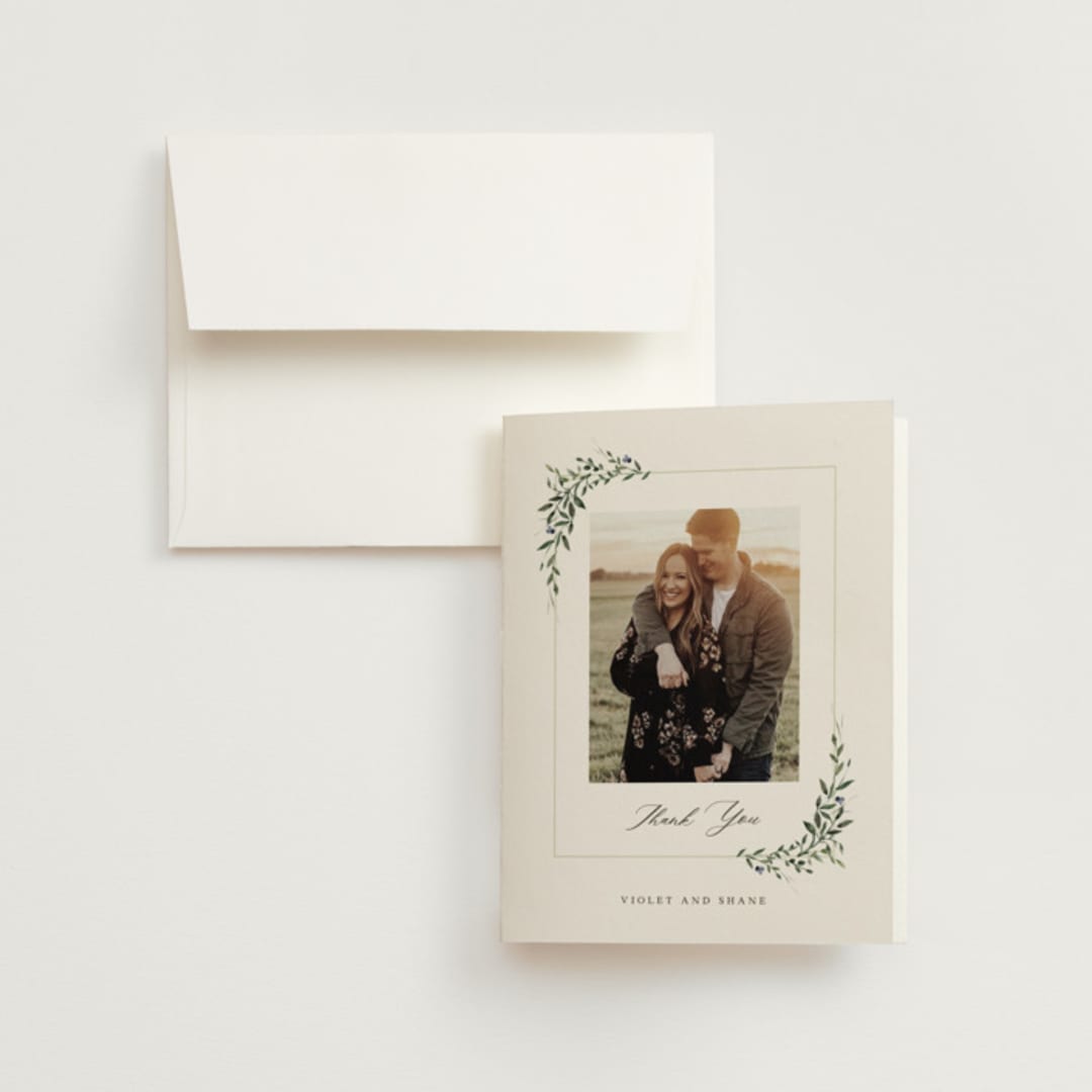"Green Wreath" - Wedding Thank You Cards in Champagne by Lori Wemple - Front