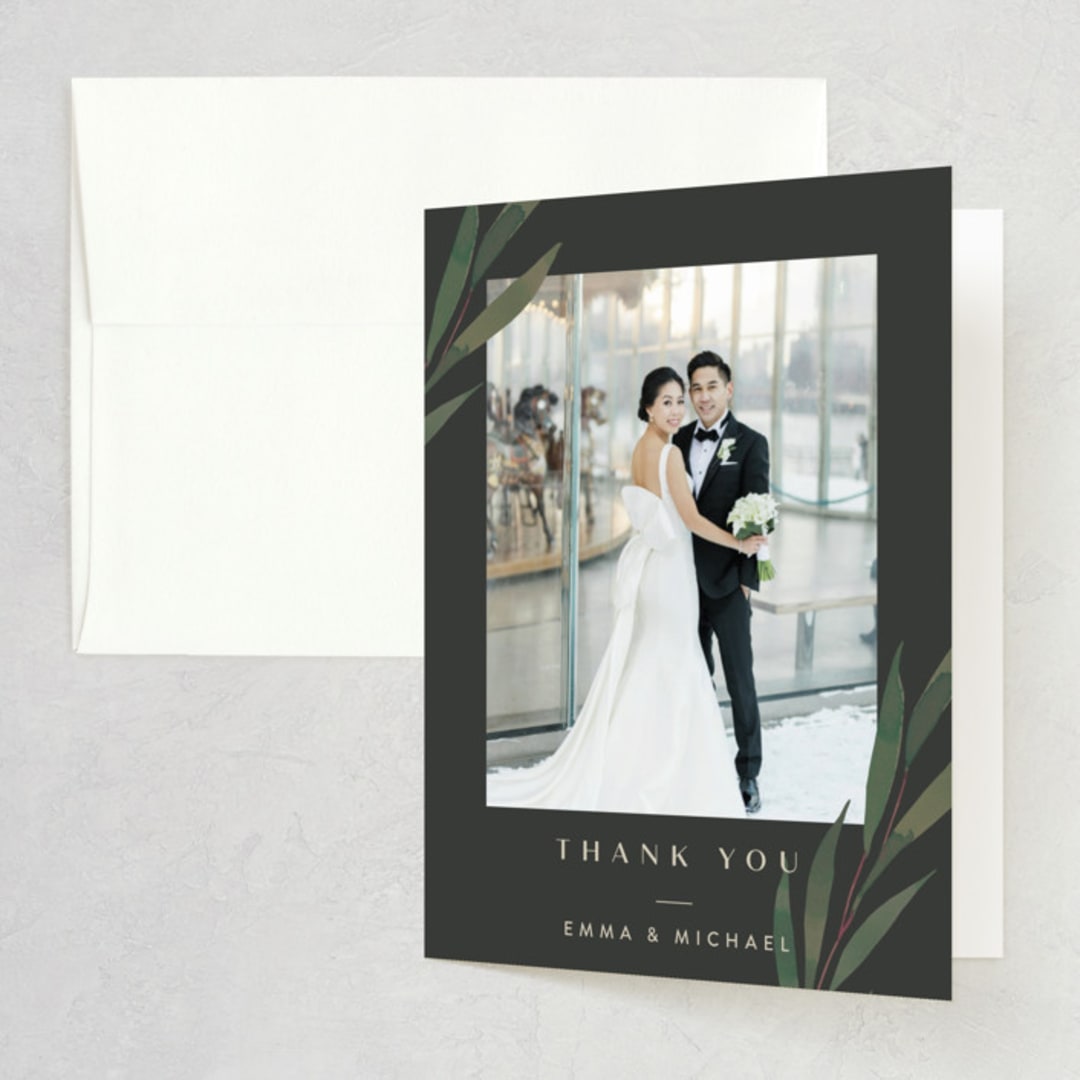 "Modern Leaves" - Wedding Thank You Cards in Smoked by Shannon Chen of Four Wet Feet Studio - Front