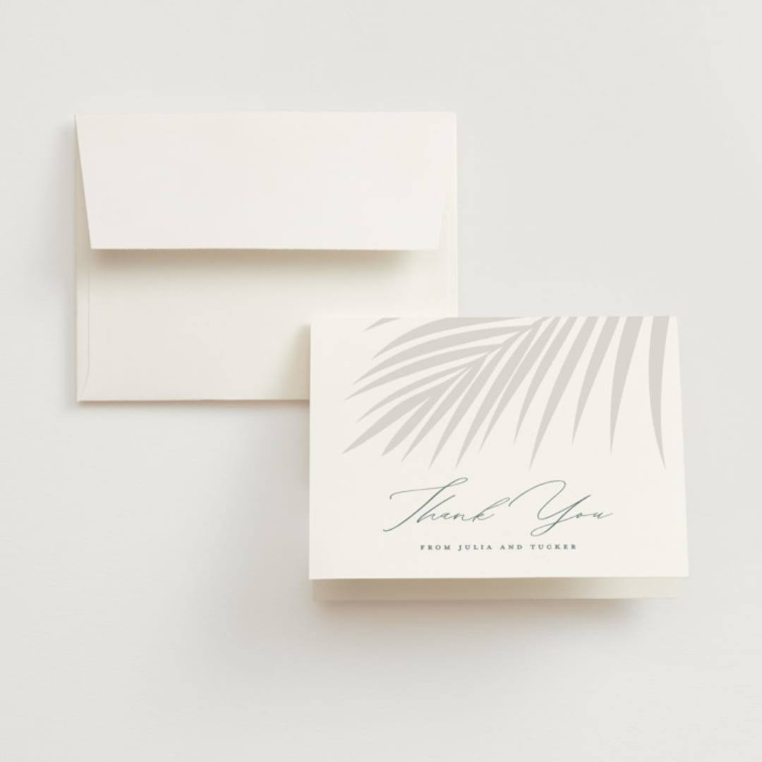 "Faded Palm" - Wedding Thank You Cards in Mist by Lauren Chism - Front