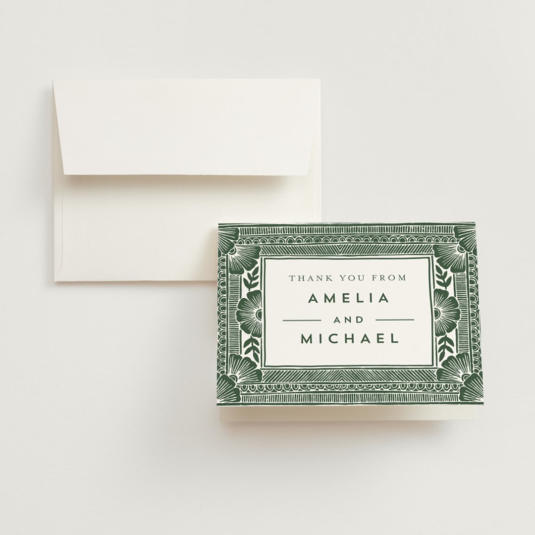 "Block Print Frame" - Wedding Thank You Cards in Fern by Katharine Watson - Front