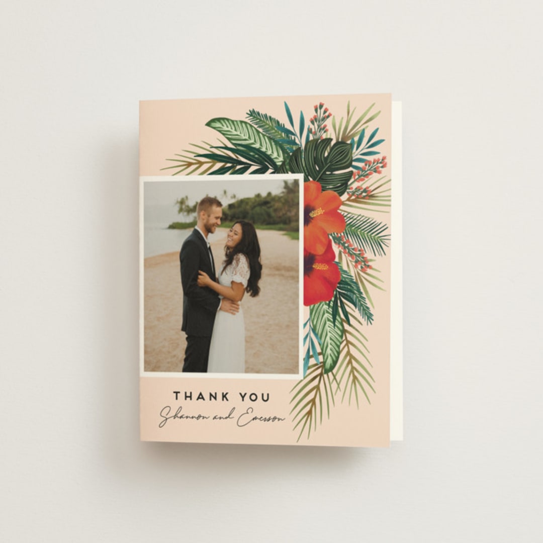 "Tropical Oasis" - Wedding Thank You Cards in Coral by Joanna Griffin - Front