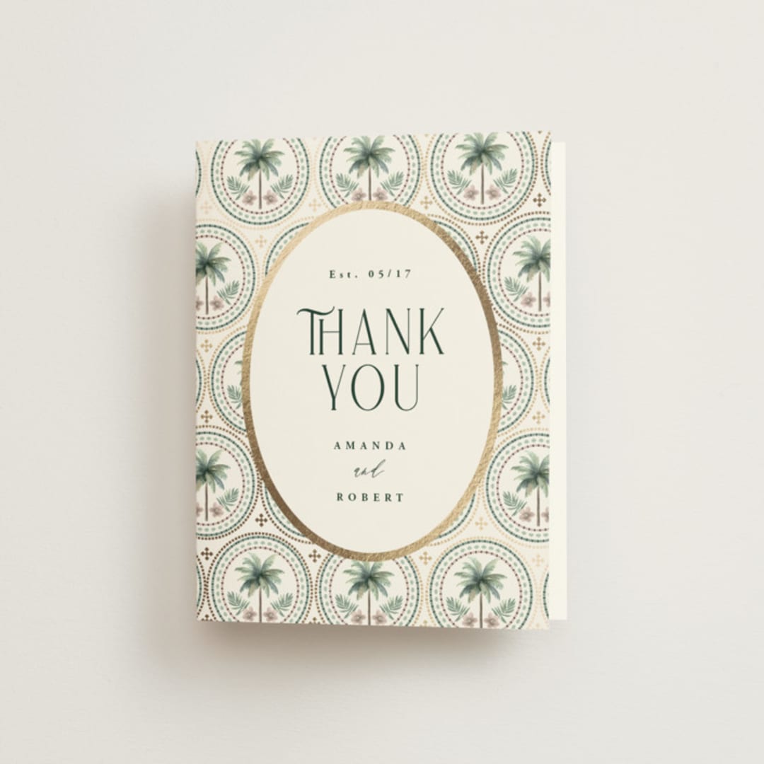 "Vintage Palms" - Wedding Thank You Cards in Sand by Maria Alou - Front