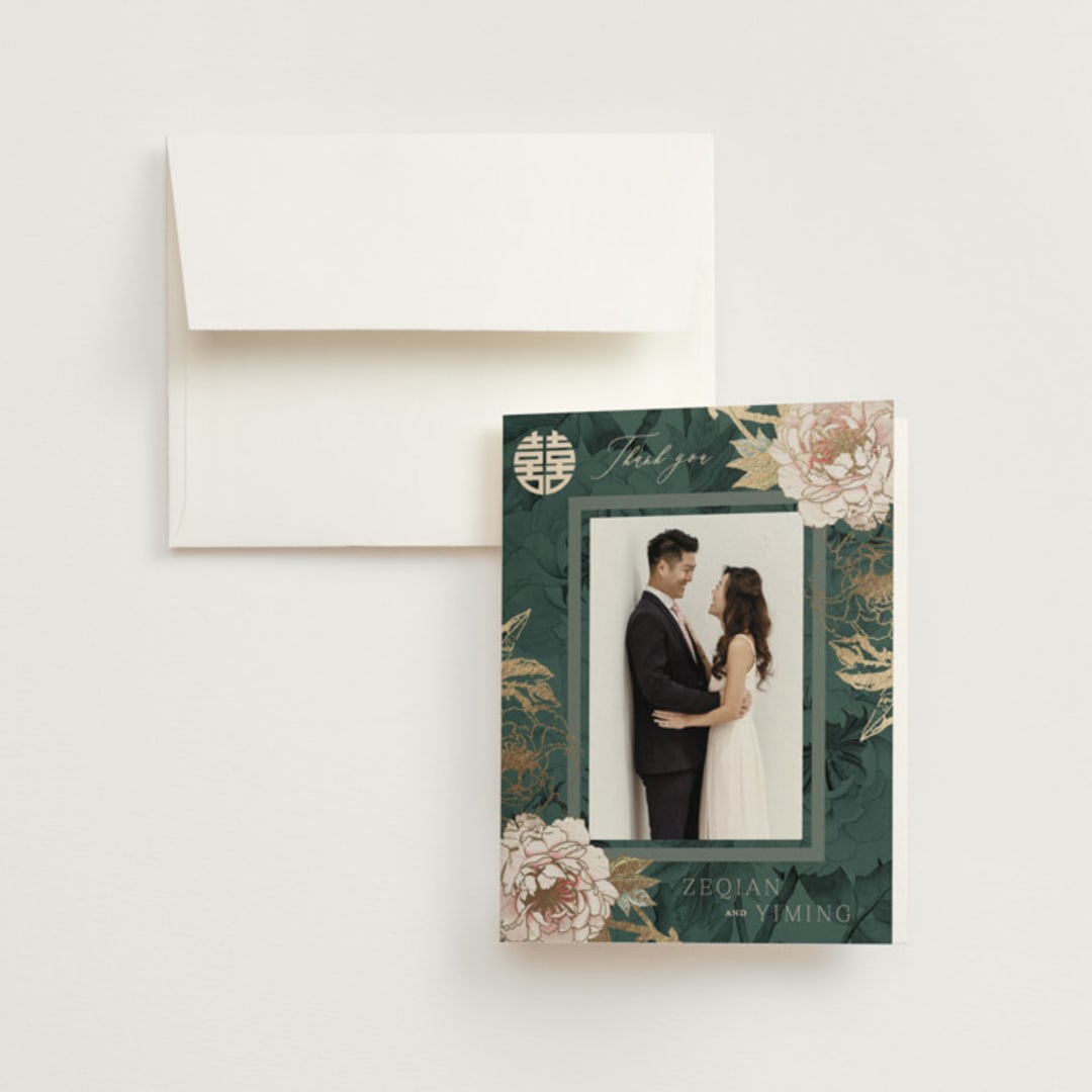 "Auspicious Peonies" - Wedding Thank You Cards in Evergreen by fatfatin - Front