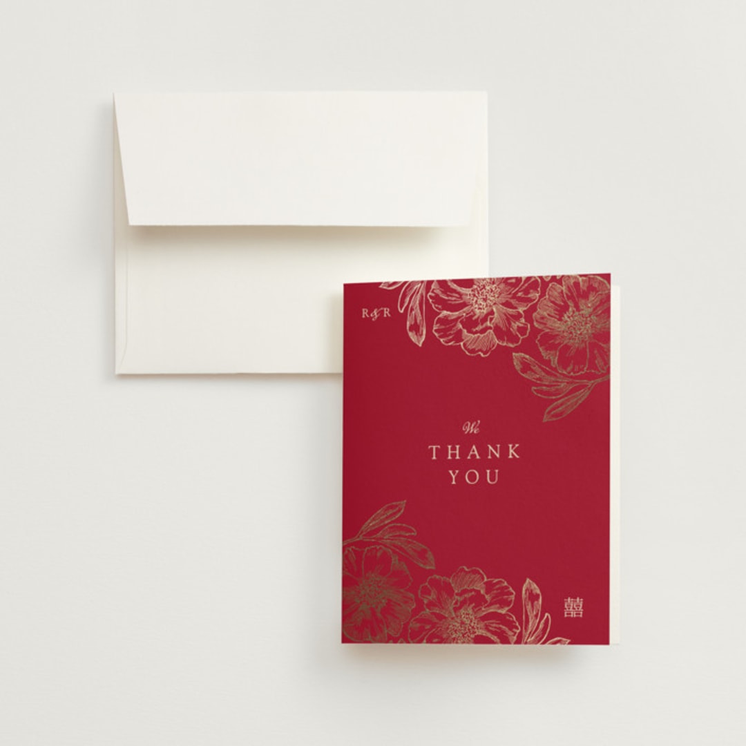 "Double Peony" - Wedding Thank You Cards in Ruby by Janean Hinger - Front