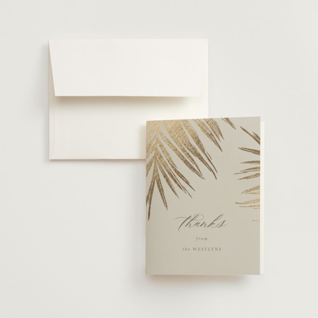 "Gilded Palm" - Wedding Thank You Cards in Sand by Melinda Denison - Front