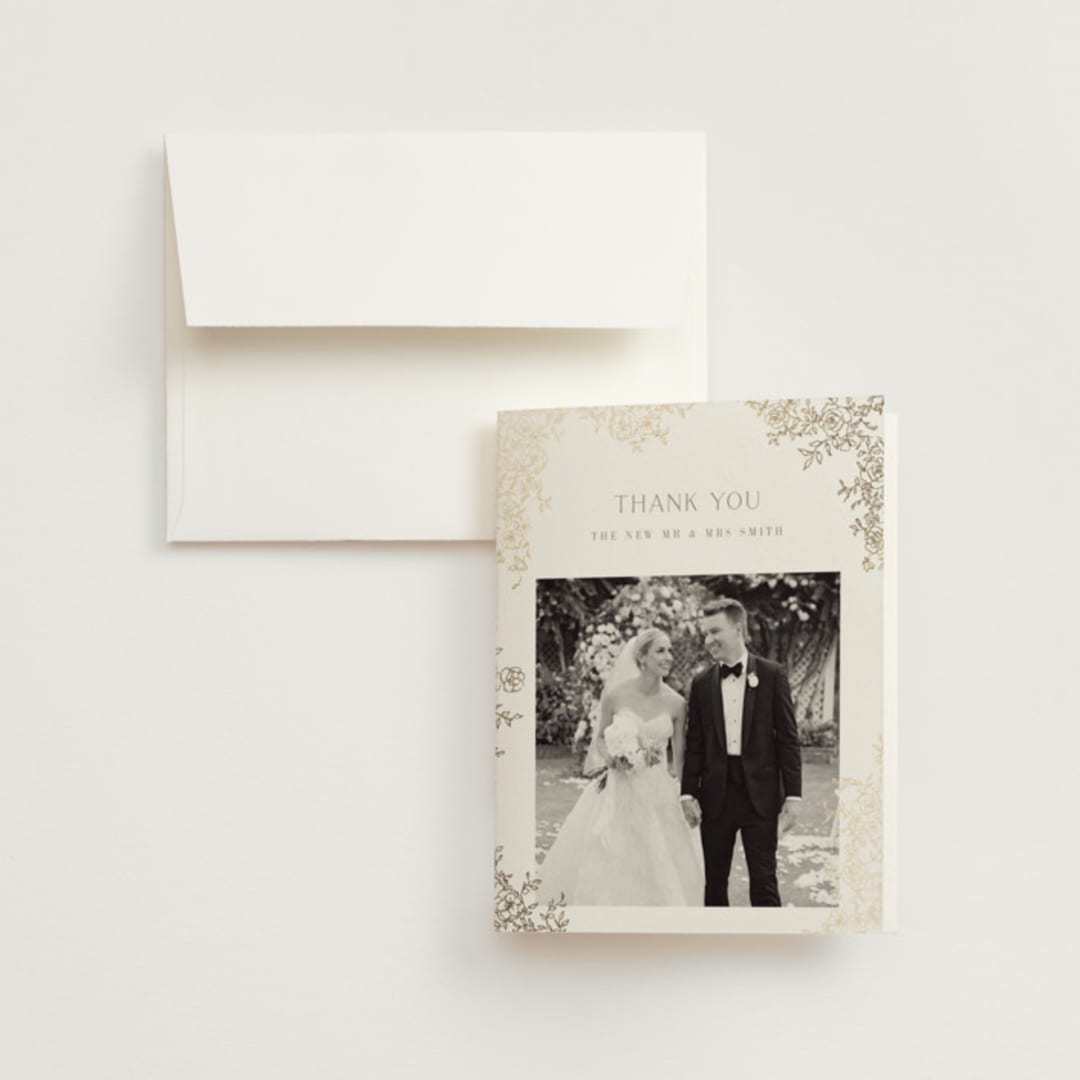 "floral crest" - Wedding Thank You Cards in Champagne by Cass Loh - Front