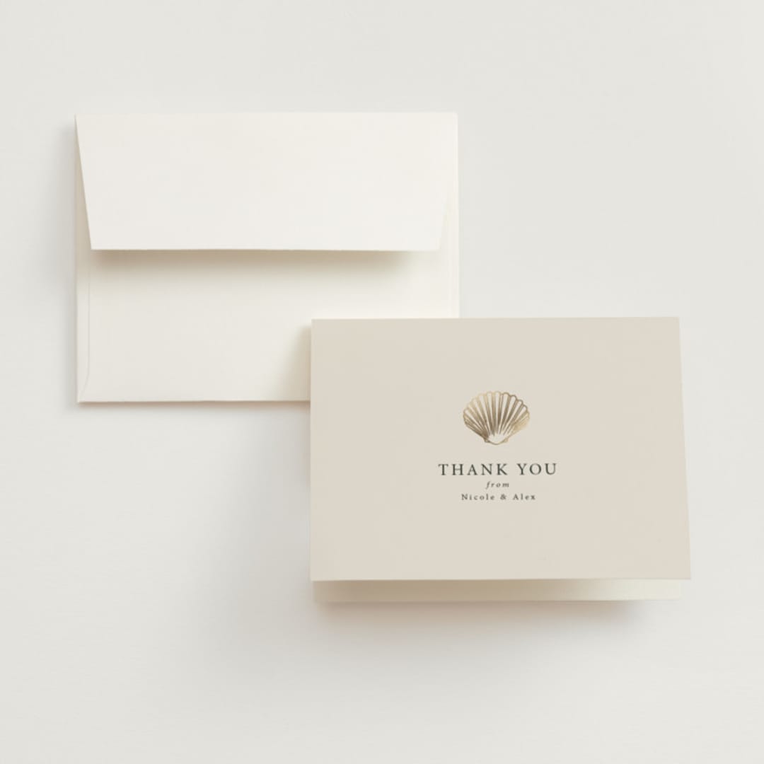 "Simple Seashell" - Wedding Thank You Cards in Sand by Hannah Bowman - Front