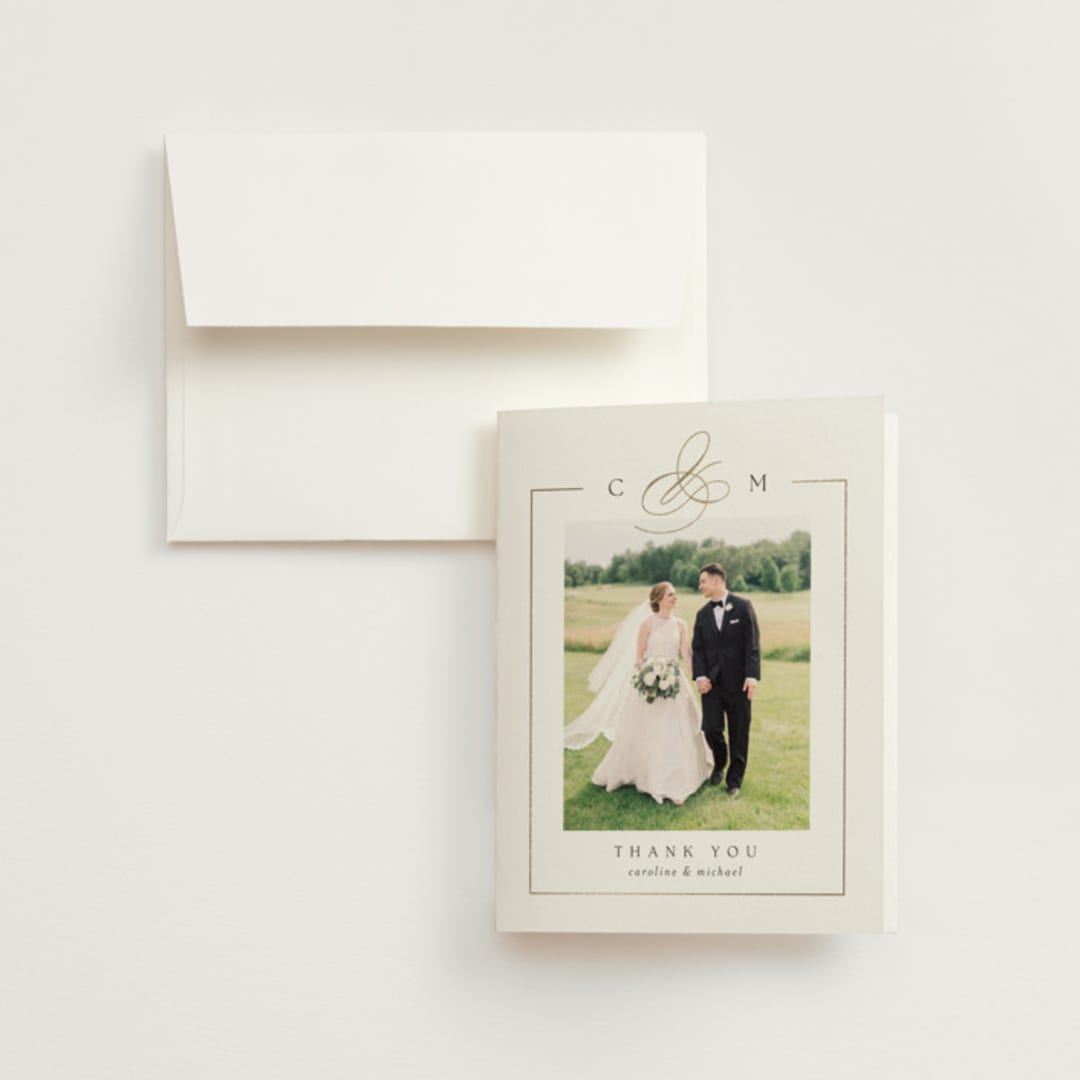 "Framed Monogram" - Wedding Thank You Cards in Silk by Kelly Schmidt - Front