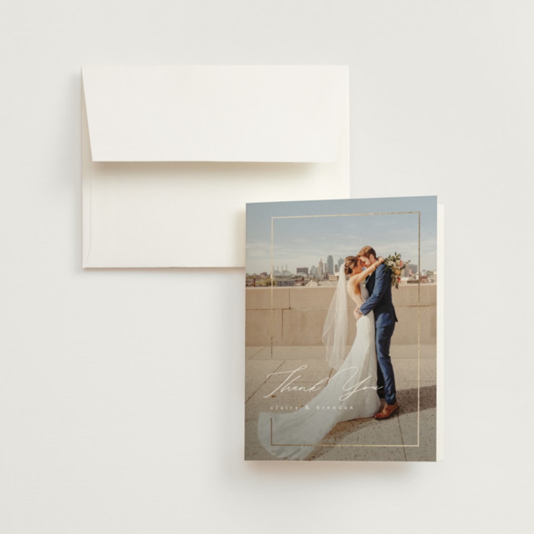 "Gilded Border" - Wedding Thank You Cards in Silk by Kelly Schmidt - Front