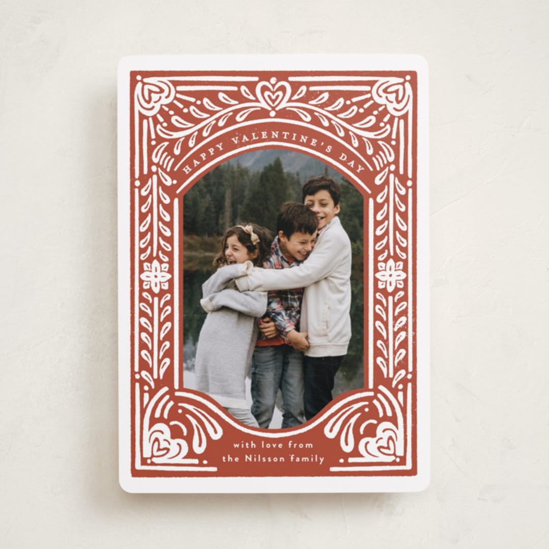"Scandinavian Heart Block Print" - Valentine's Day Cards in Rust by Shiny Penny Studio - Front