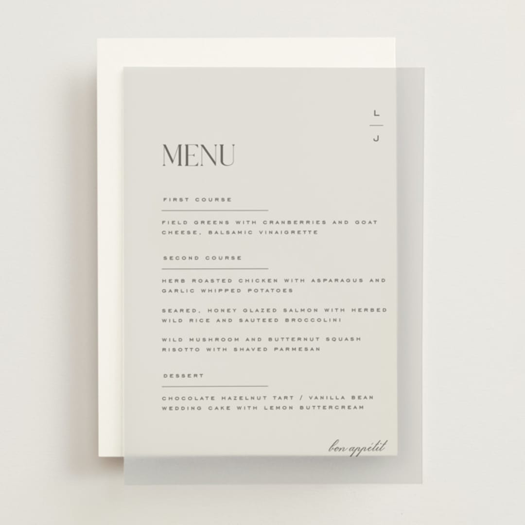 "Clarity" - Vellum Menus in Charcoal by Heather Cairl - Front