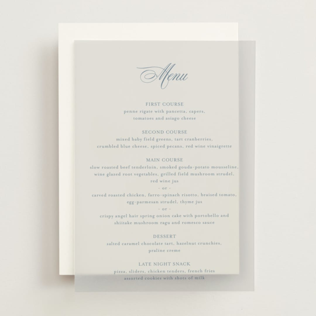 "Empire" - Vellum Menus in Dusty Blue by Jennifer Postorino - Front
