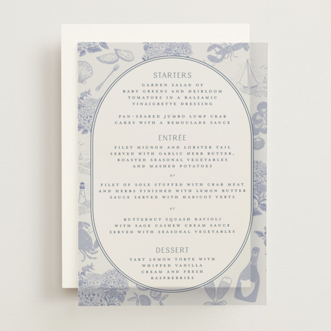 "Coastal Toile" - Vellum Menus in Periwinkle by Jenna Holcomb - Front