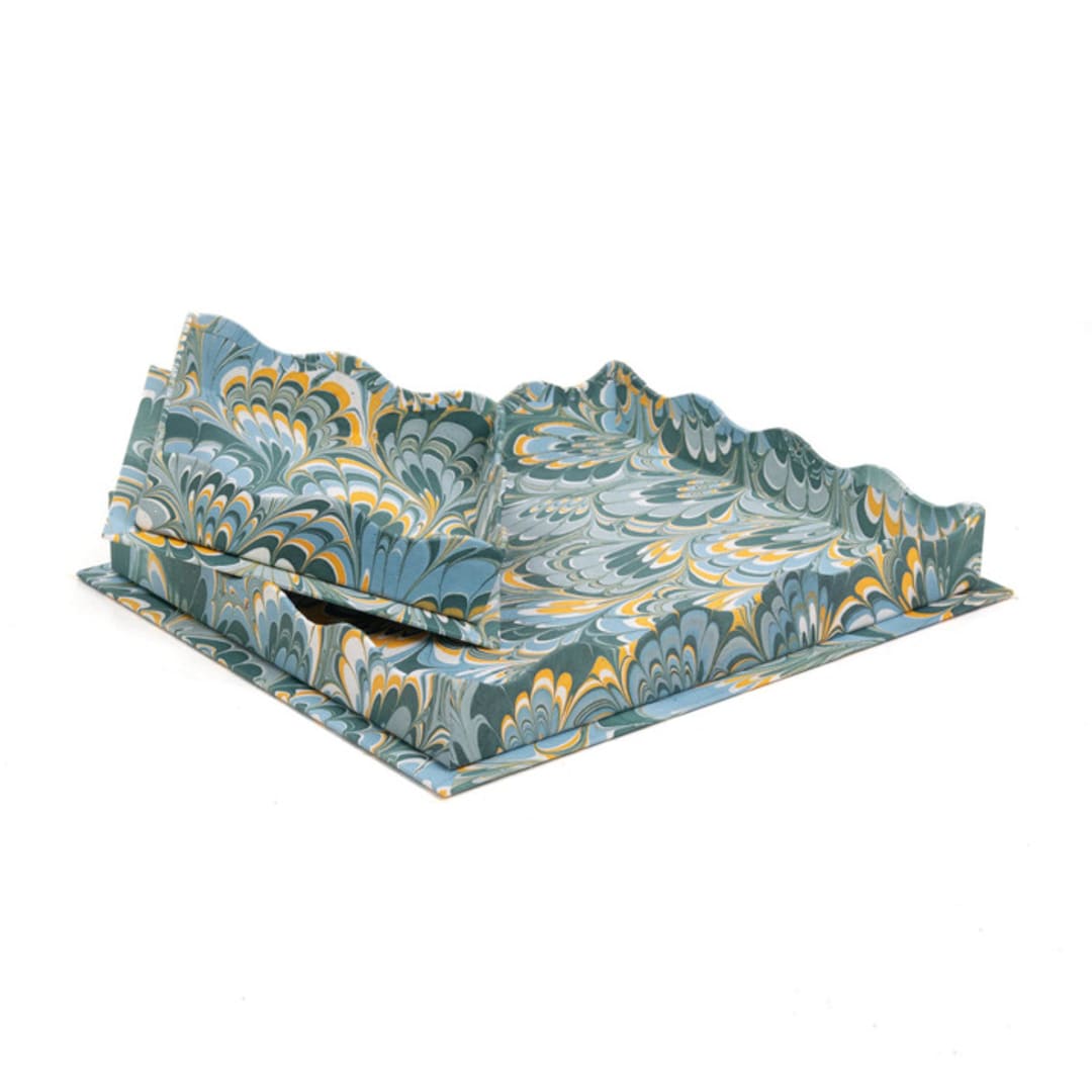 "Nesting Scalloped Hand-Marbled Trays in Golden Blue - Set of 2" - Vanity Trays and Dishes in blue by Inner Child