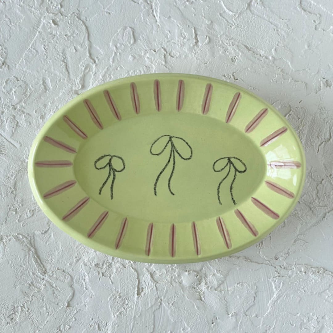 "Light Green Bow Oval Trinket Dish" - Vanity Trays and Dishes in green by Quiet Clementine
