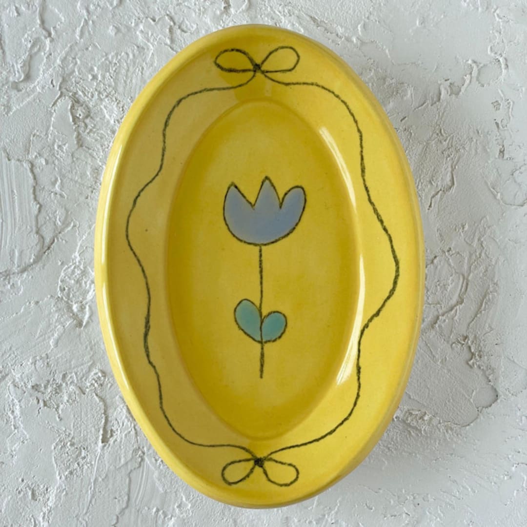 "Yellow Floral Bow Oval Trinket Dish" - Vanity Trays and Dishes in yellow by Quiet Clementine