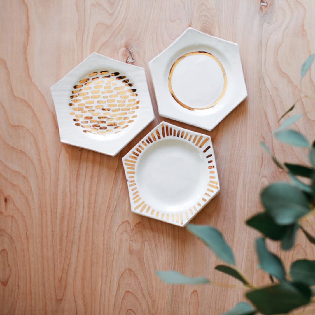 "Set of 3 Gold Luster Honeycomb Dishes" - Vanity Trays and Dishes in green by Bridget Dorr