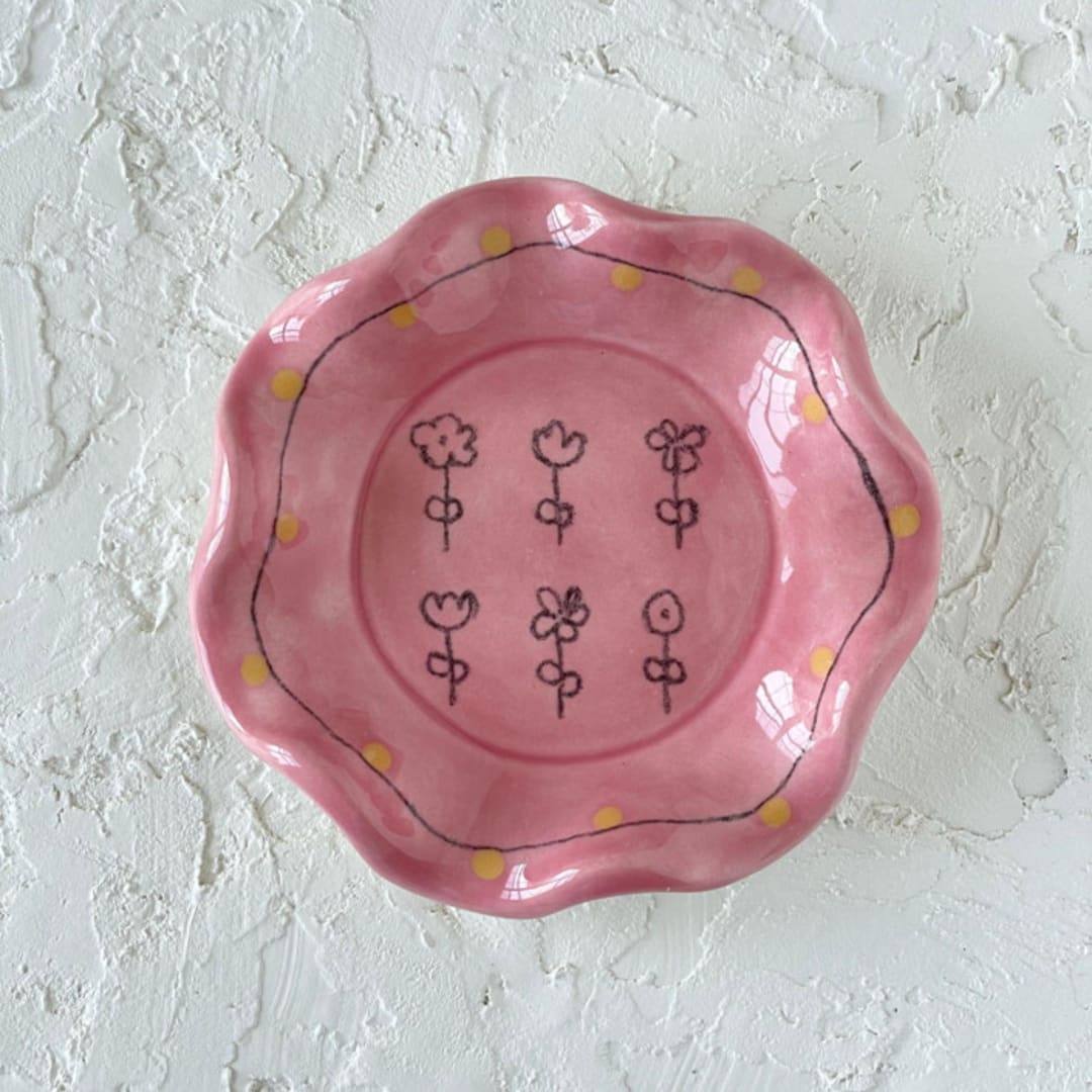 "Pink Floral Ruffle Trinket Dish" - Vanity Trays and Dishes in pink by Quiet Clementine