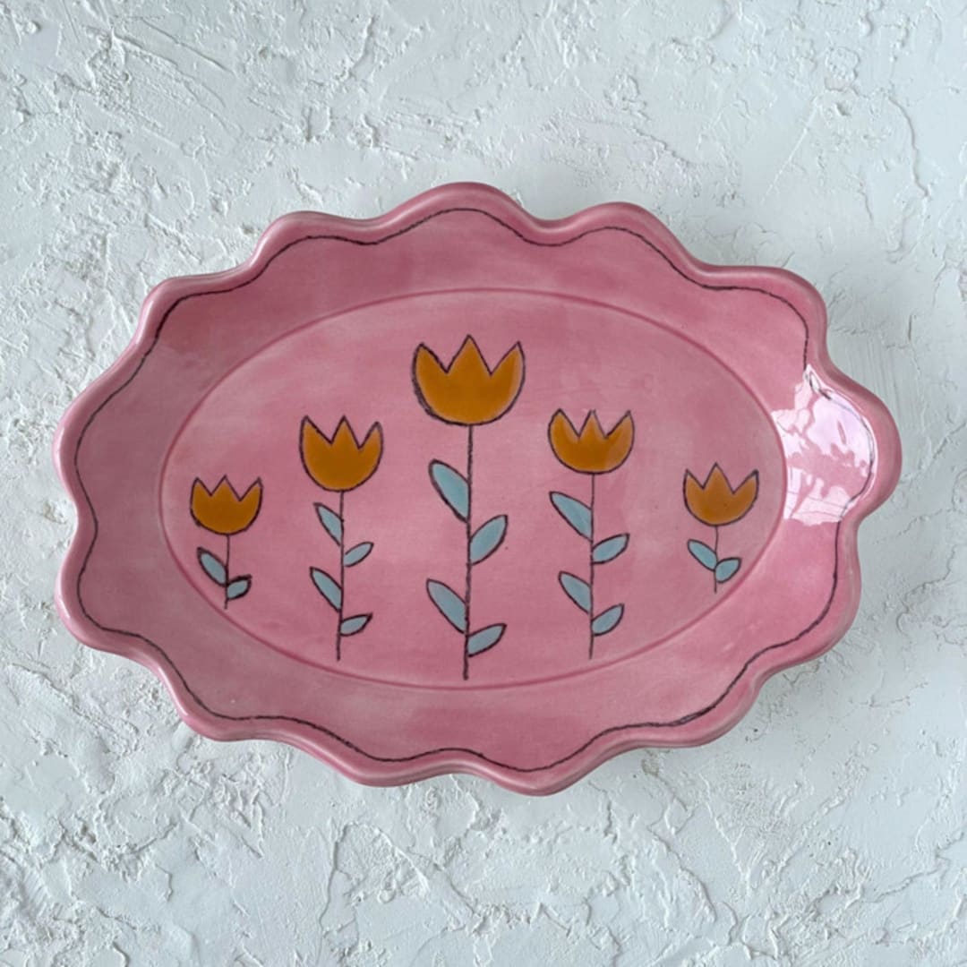 "Pink Floral Oval Wavy Trinket Dish" - Vanity Trays and Dishes in pink by Quiet Clementine