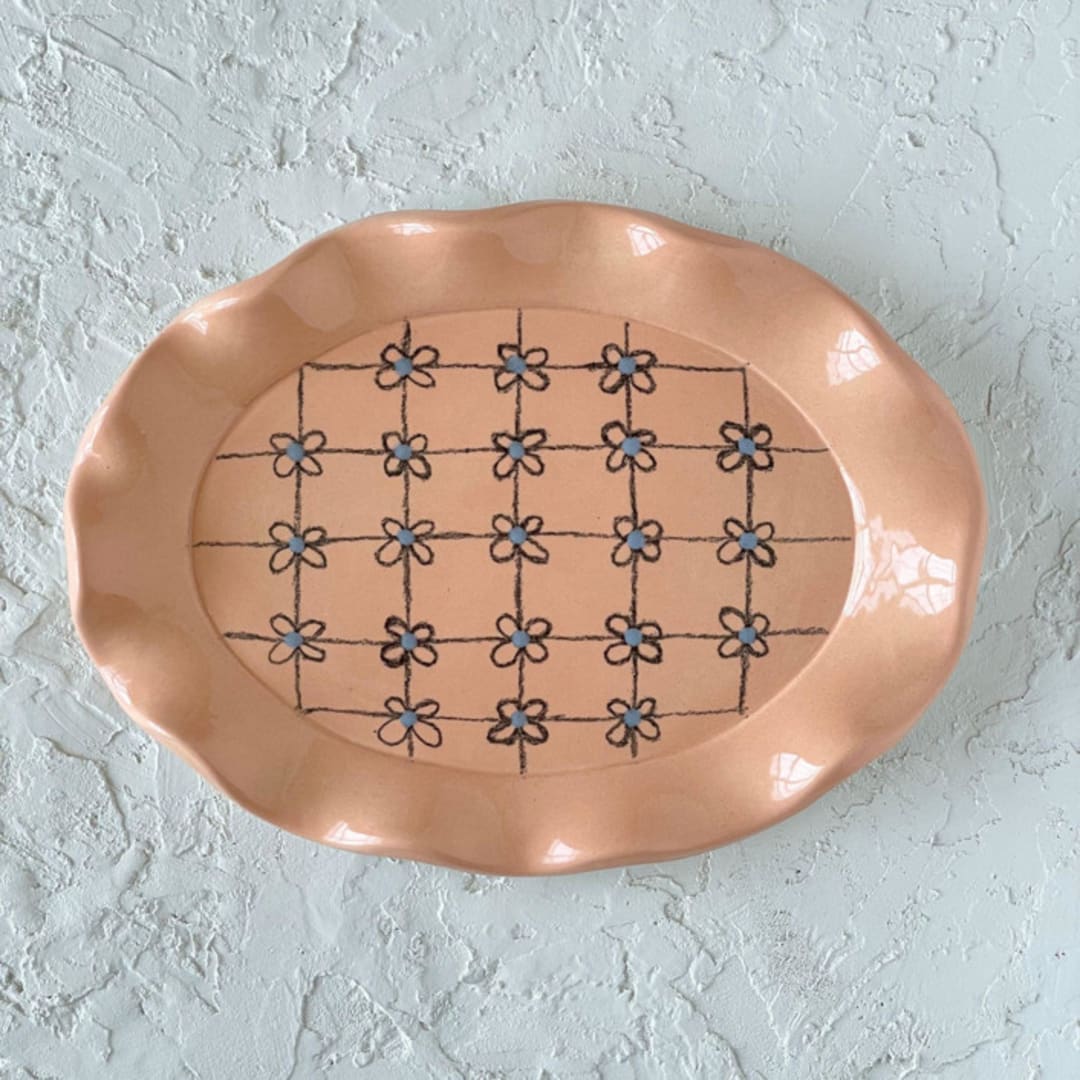 "Floral Oval Ruffle Trinket Dish" - Vanity Trays and Dishes in orange by Quiet Clementine