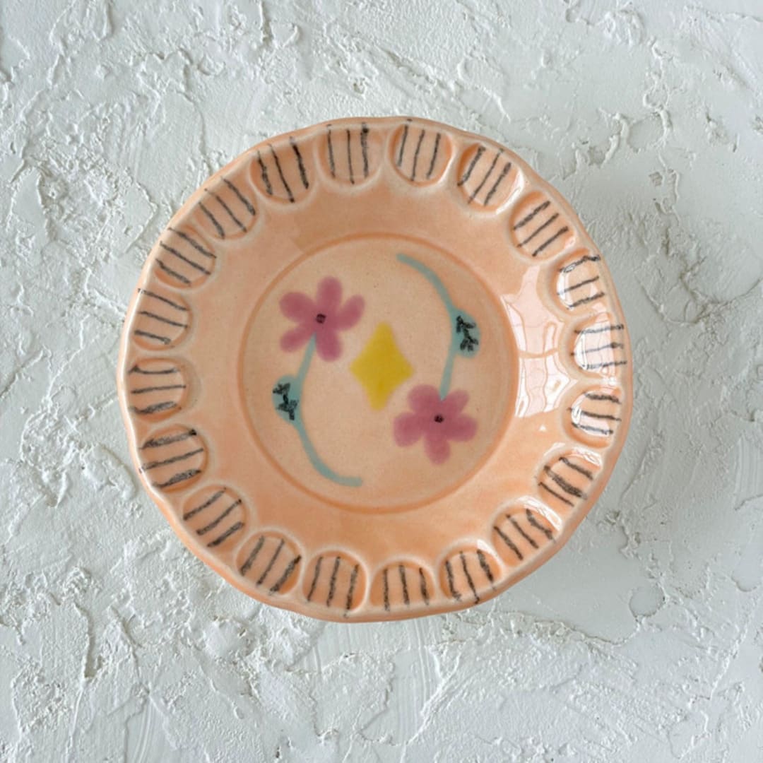 "Peach Floral Round Trinket Dish" - Vanity Trays and Dishes in orange by Quiet Clementine