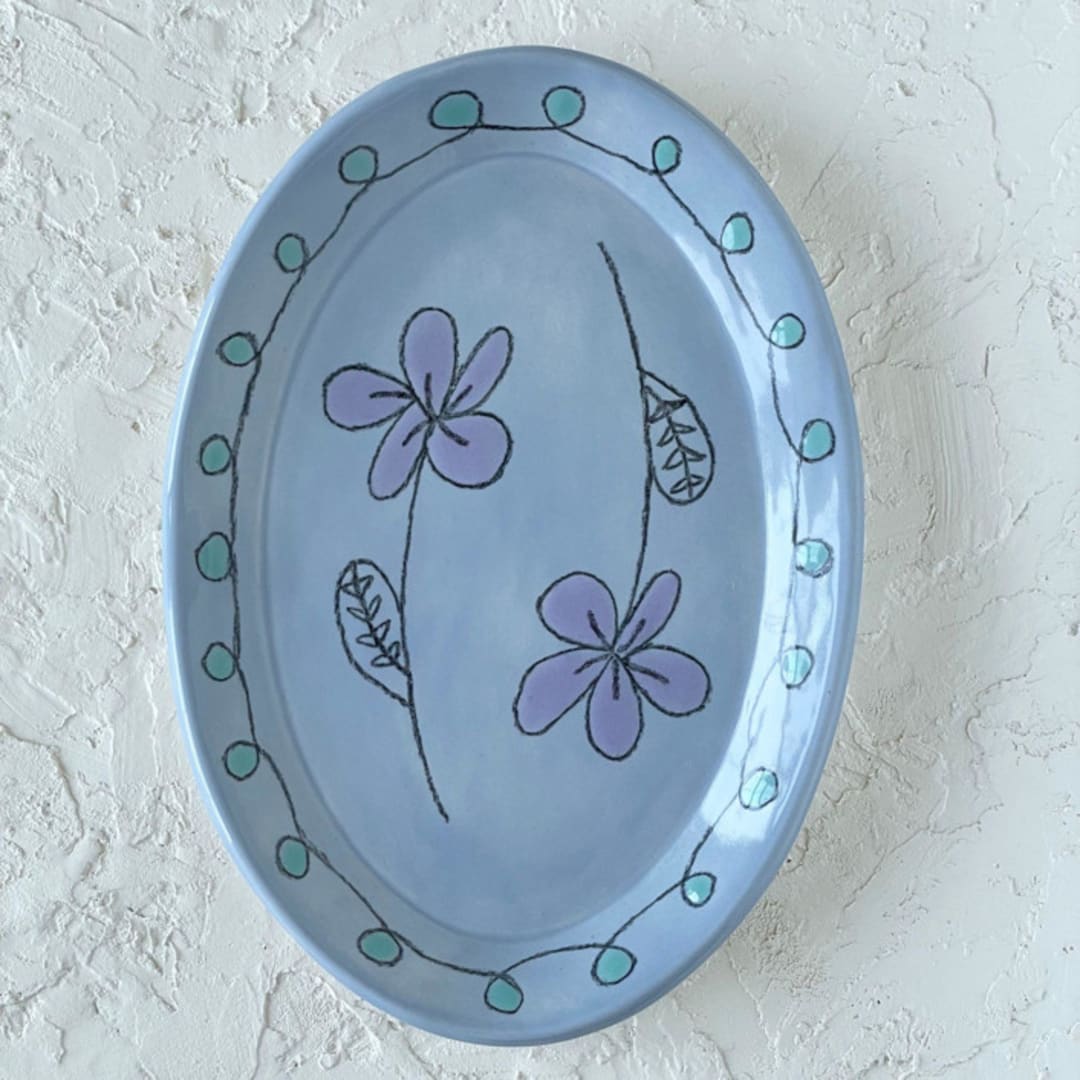 "Light Blue Floral Oval Trinket Dish" - Vanity Trays and Dishes in blue by Quiet Clementine