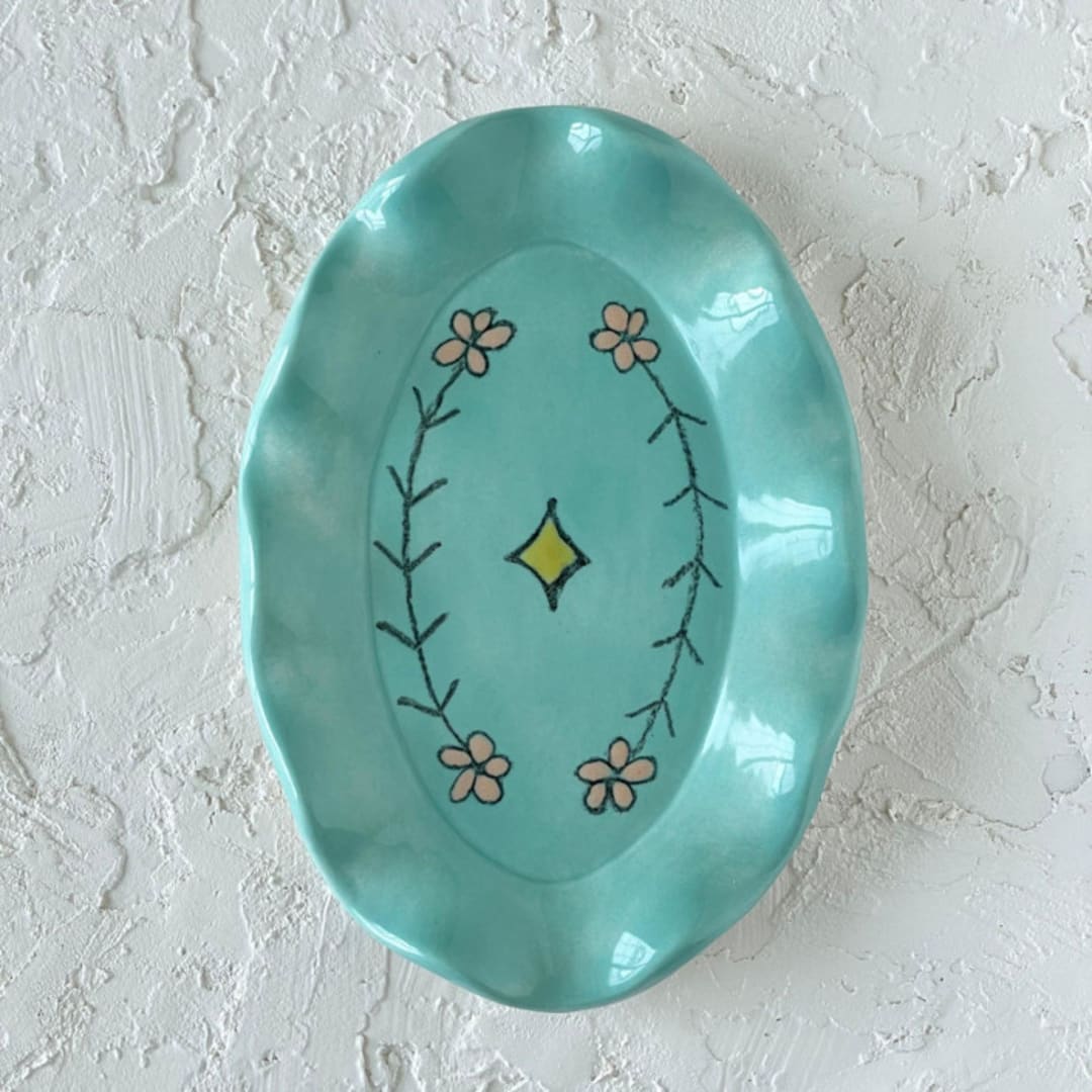 "Jade Green Floral Ruffle Oval Trinket Dish" - Vanity Trays and Dishes in green by Quiet Clementine