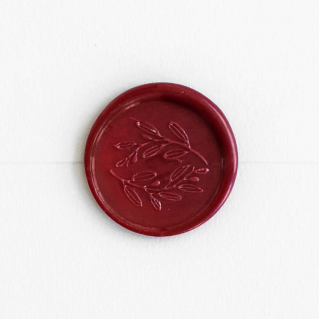 "Olive Wreath in Sangria | Maurelle Calligraphy x Artisaire (pack of 25)" - Wax Seals, Pack of 25 in Traditional Red by Minted - Wax Seal Front