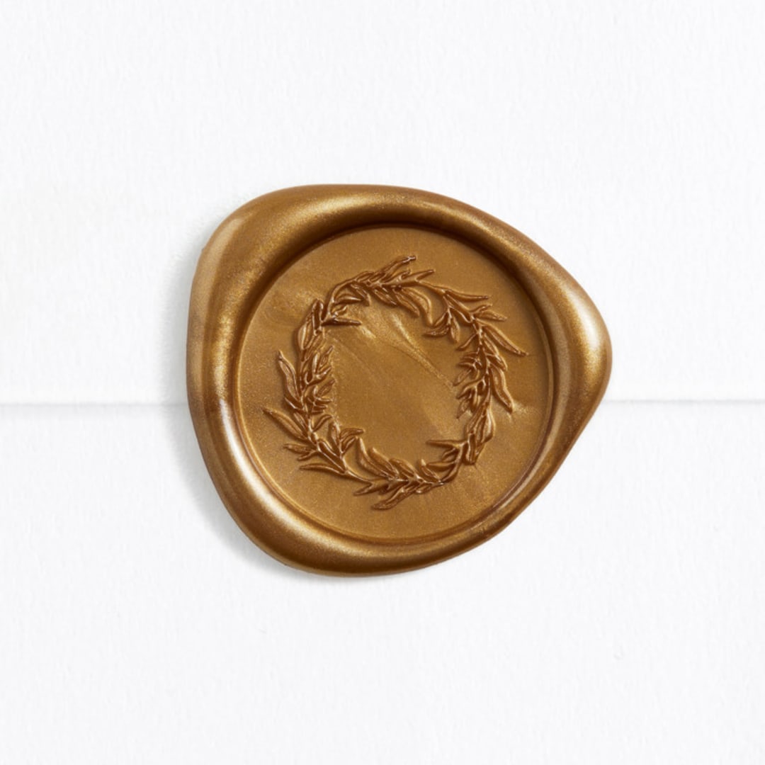 "Holiday Wreath in Gold (pack of 25)" - Wax Seals, Pack of 25 in Antique Gold by Melanie Kosuge - Wax Seal Front