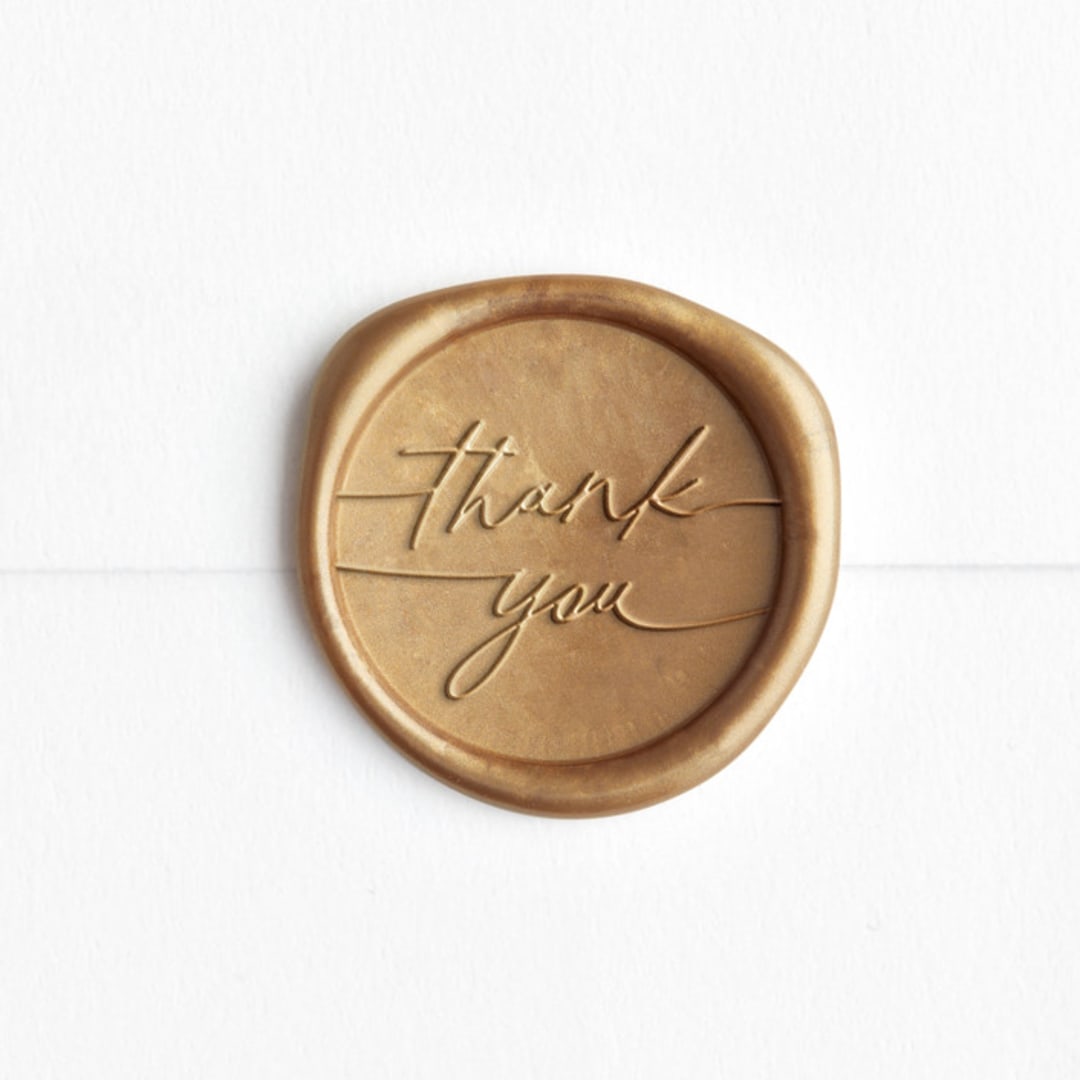 "Script Thank You in Gold (pack of 25)" - Wax Seals, Pack of 25 in Antique Gold by Minted - Wax Seal Front