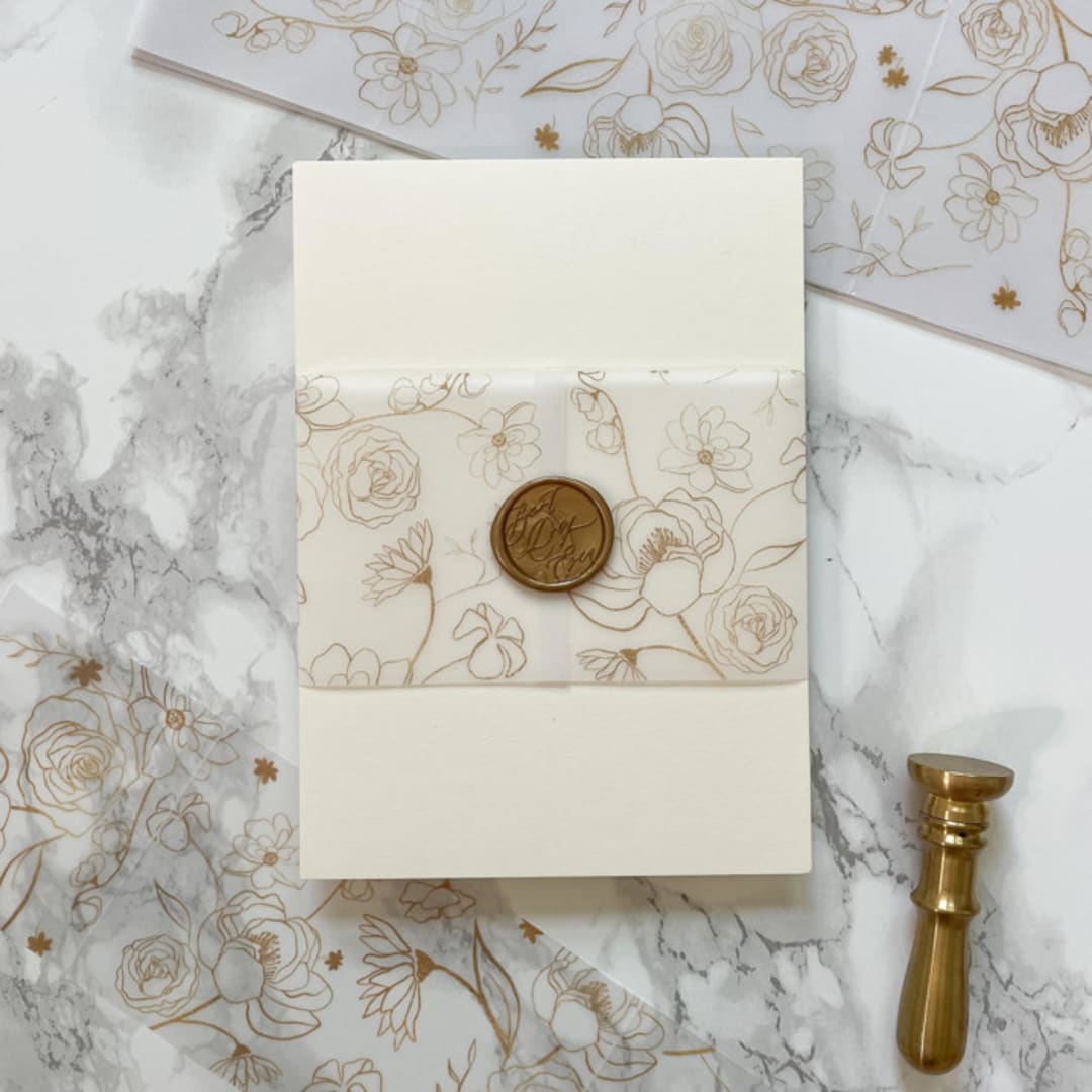 "Faux Gold Floral Vellum Belly Band for Wedding Invitaitons 3"(25 pack)" - Belly Bands in clear by Carley Zuercher