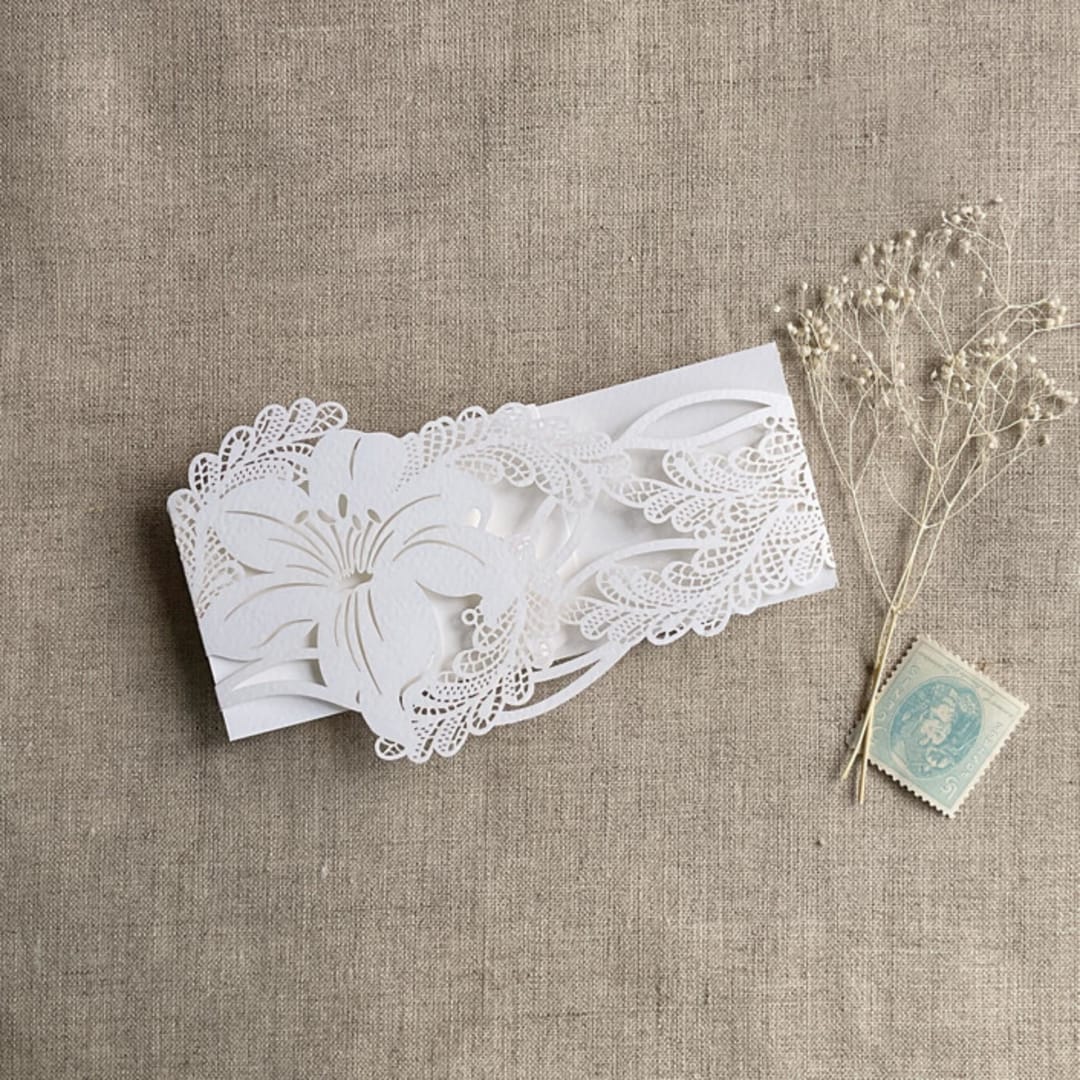 "White Lily Floral Laser cut Belly band for 5x7 inch Invitation | Pack of 10" - Belly Bands in white by Ivory Invitations