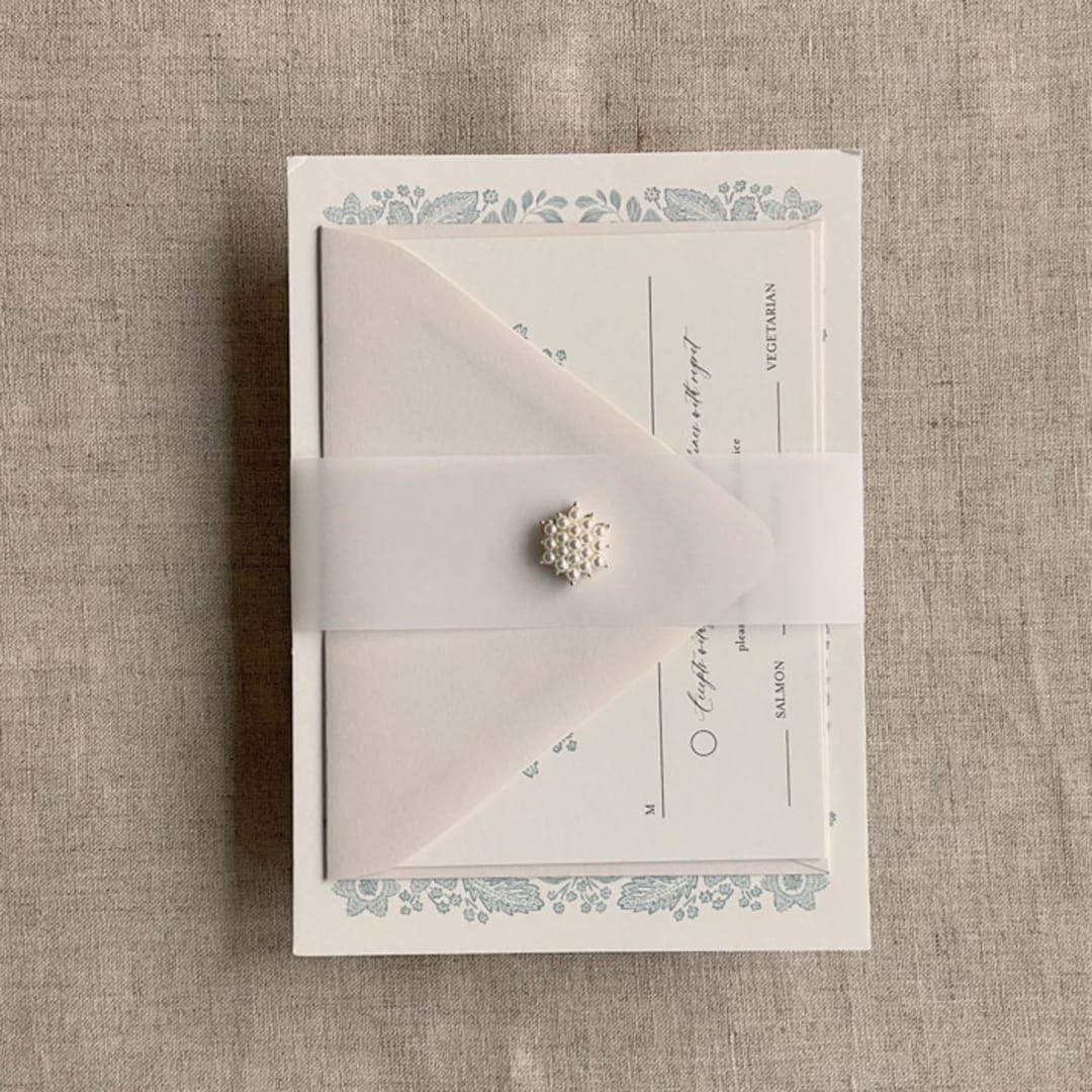 "Pearl brooch vellum belly band for 5x7 card | pack of 5" - Belly Bands in white by Ivory Invitations