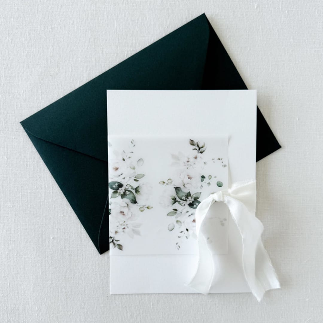 "Greenery and White Floral Vellum Belly Bands For Wedding Invitations | Set Of 25" - Belly Bands in white by Eva Friesen