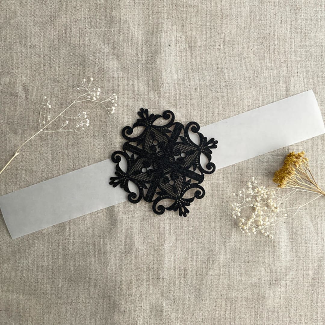 "black glitter laser cut lace vellum belly band for 5x7 card | pack of 10" - Belly Bands in black by Ivory Invitations
