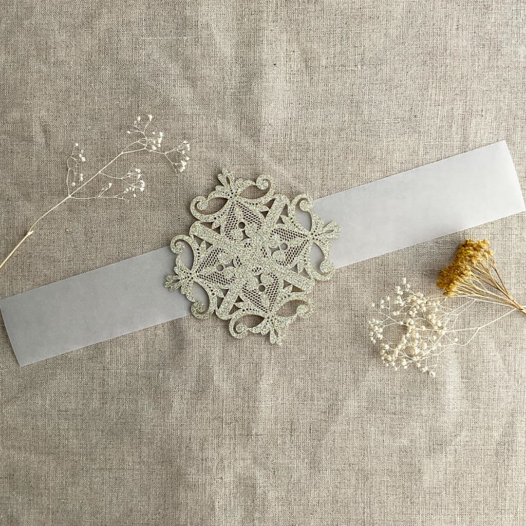 "gold glitter laser cut lace vellum belly band for 5x7 card | pack of 10" - Belly Bands in gold by Ivory Invitations