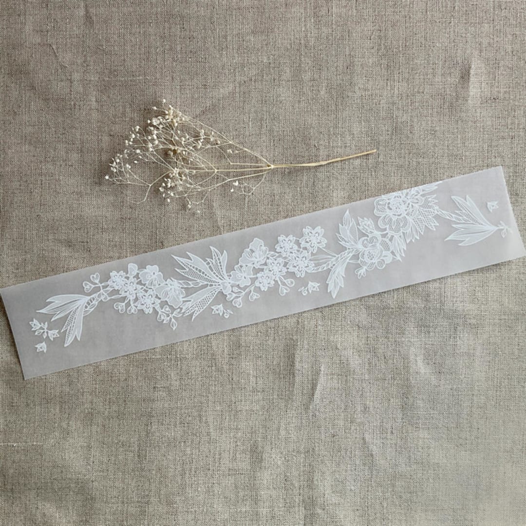 "Venetian floral lace white ink printed vellum belly band for 5x7 card style B | Pack of 10" - Belly Bands in white by Ivory Invitations