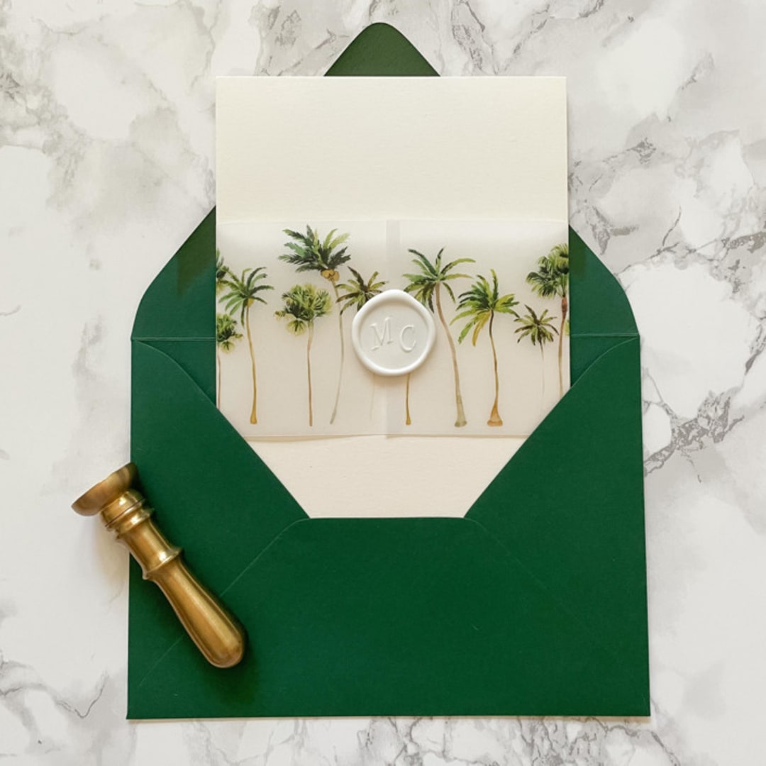 "Palm Tree Vellum Belly Band for Beach Wedding Invitations (25 Pack)" - Belly Bands in green by Carley Zuercher