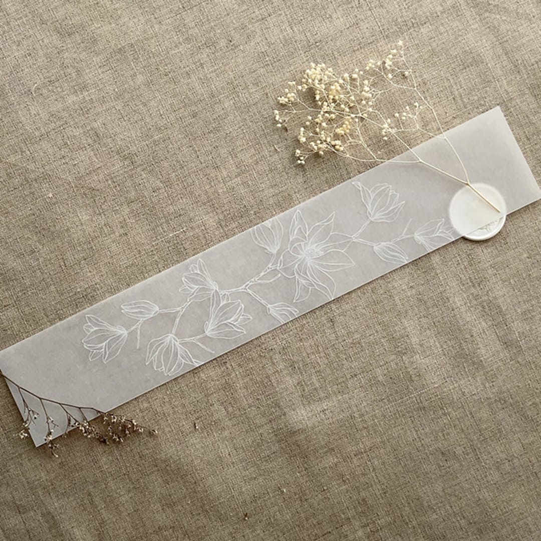 "Magnolia branch white ink printed floral vellum belly band 2 inch wide for 5x7 inches card | pack of 10" - Belly Bands in white by Ivory Invitations