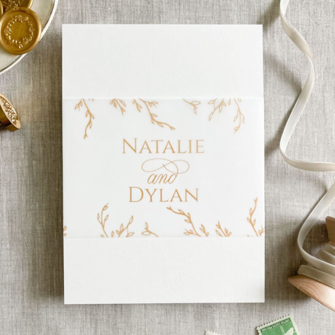 "Custom couple's names and botanicals in faux gold vellum belly band for invitations | Set of 10" - Belly Bands in black by Maria Ferrer G.