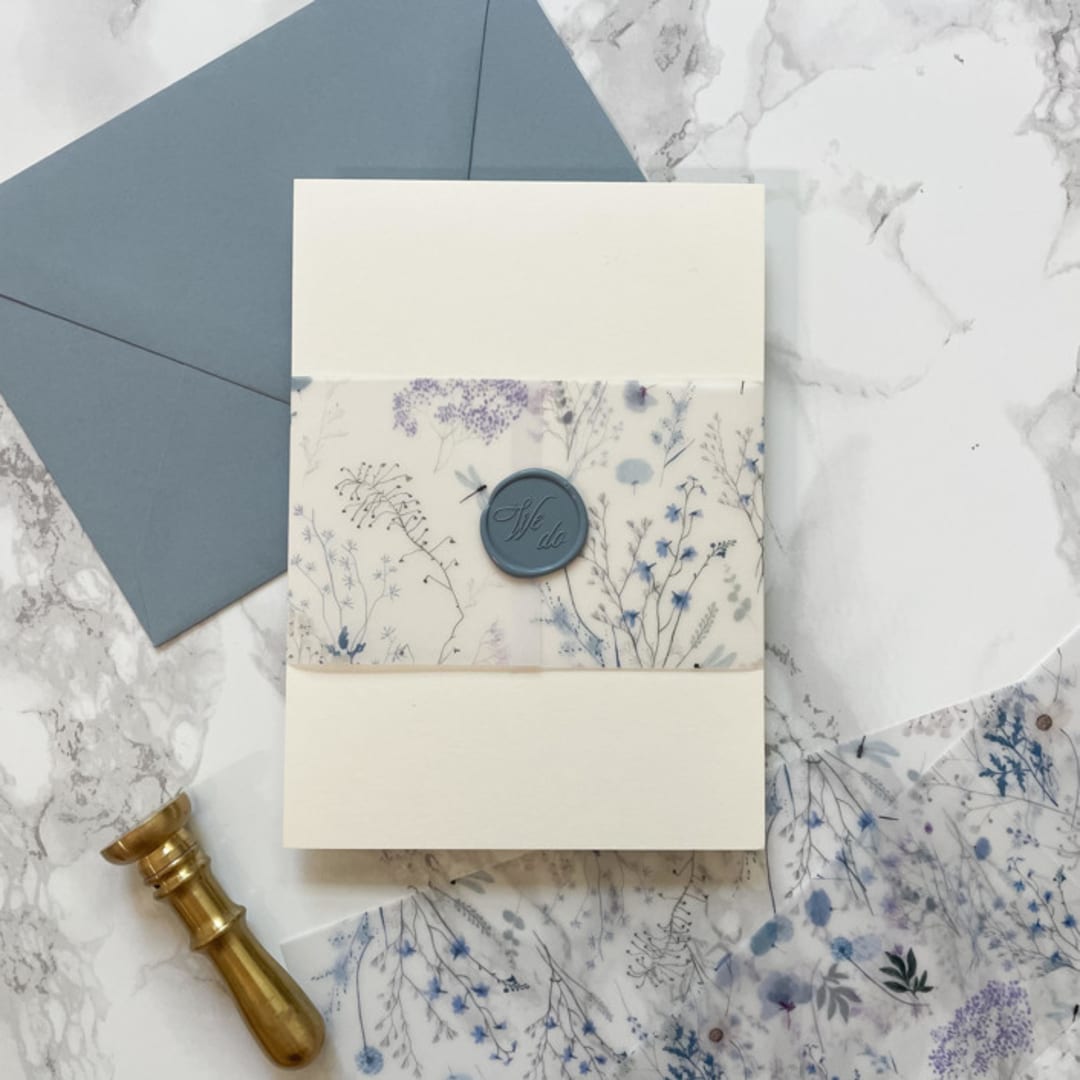 "Blue Wildflower Vellum Belly Bands for Wedding Invitations 3" (25 Pack)" - Belly Bands in beige by Carley Zuercher