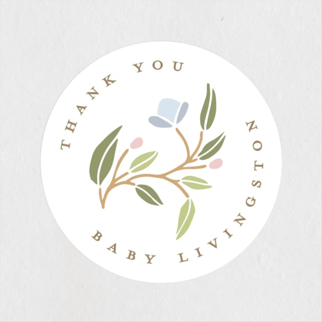 "Blooming Stork" - Baby Shower Stickers in Cornflower by Susan Zinader - Close-Up