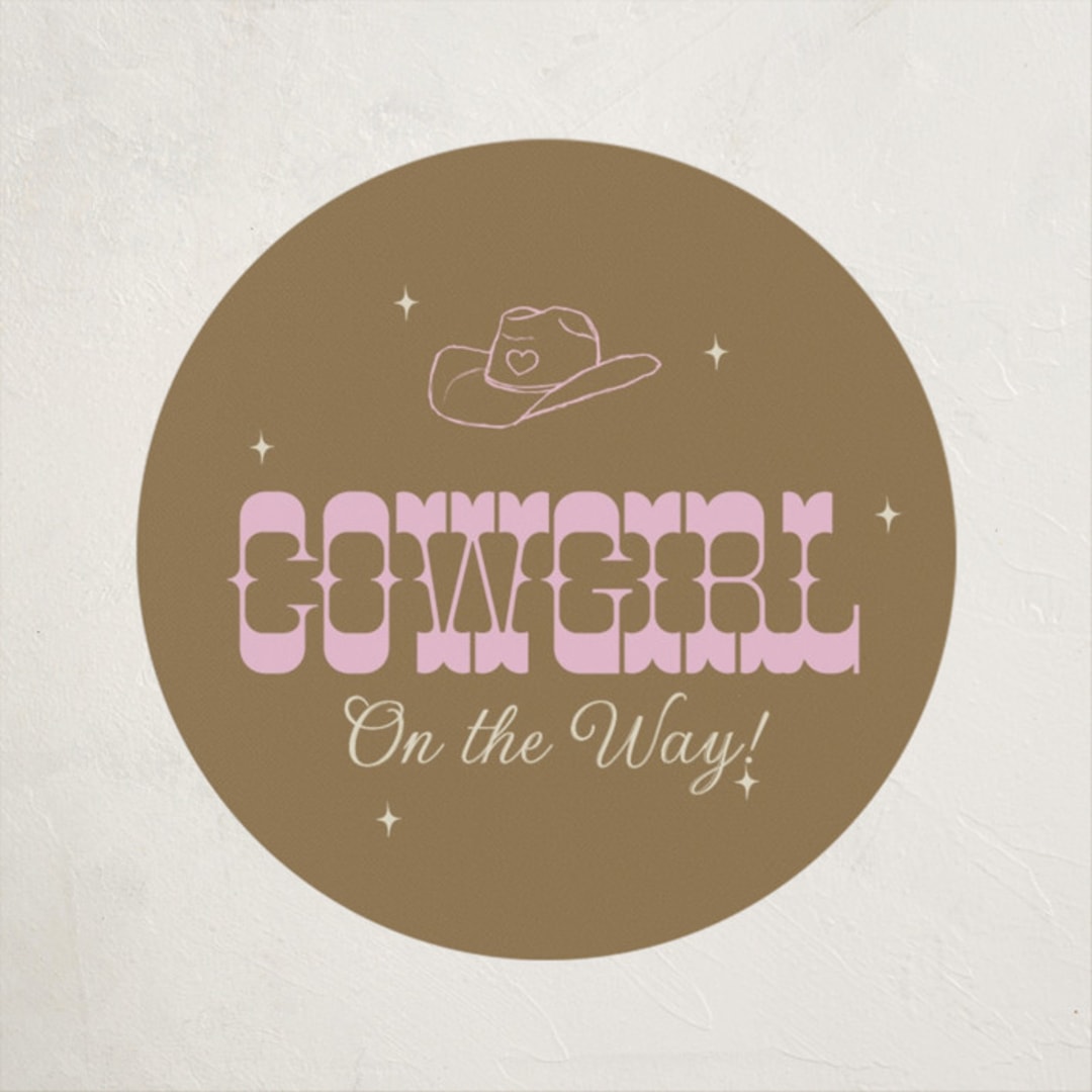"Cowgirl on the Way!" - Baby Shower Stickers in Cocoa by Maggie Daugherty - Close-Up