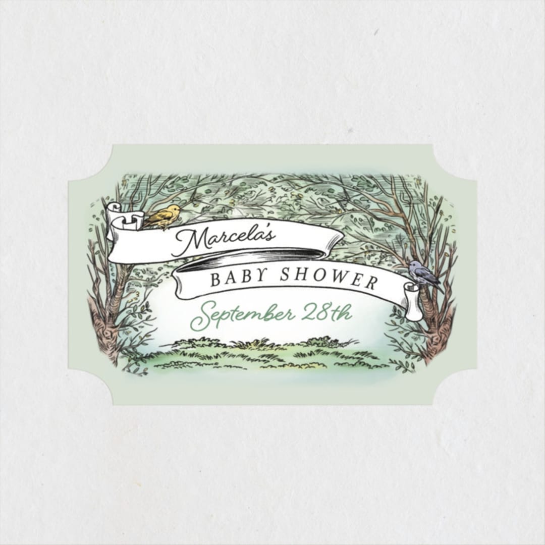 "Victorian Forest Scene" - Baby Shower Stickers in Mint by Becky Nimoy - Close-Up