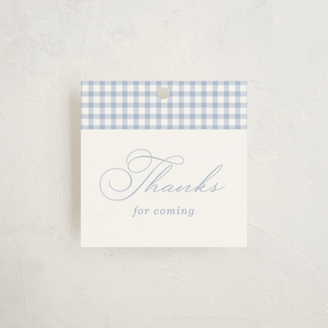 "Gingham Rockinghorse" - Baby Shower Favor Tags in Baby Blue by Olivia Raufman - Front