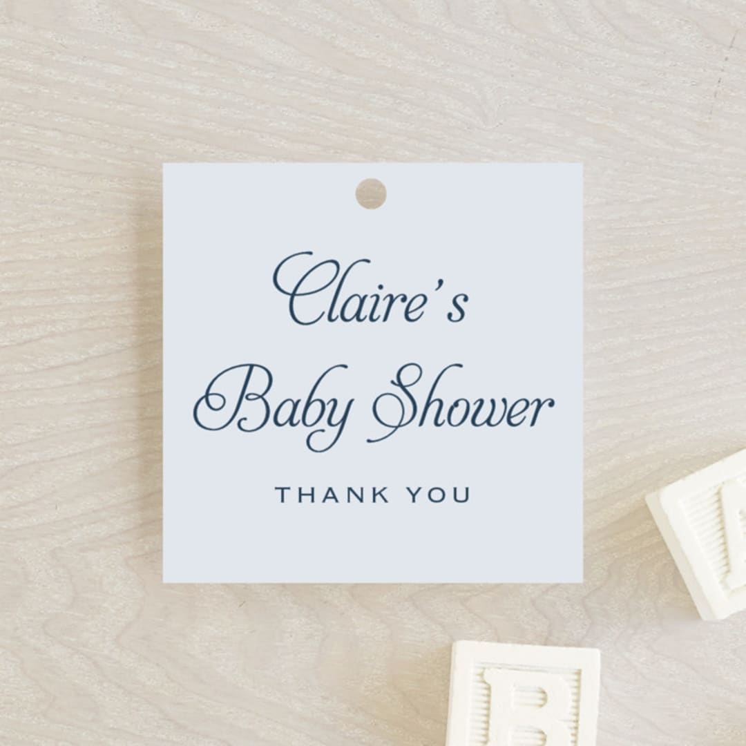 "Modernne" - Baby Shower Favor Tags in Powder by Carolyn MacLaren - Front
