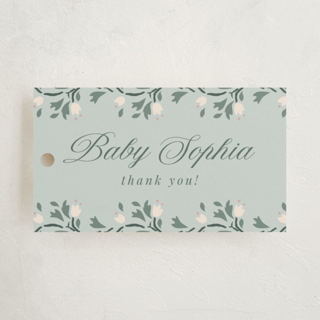 "Little Love Story" - Baby Shower Favor Tags in Sage by Ana de Sousa - Front