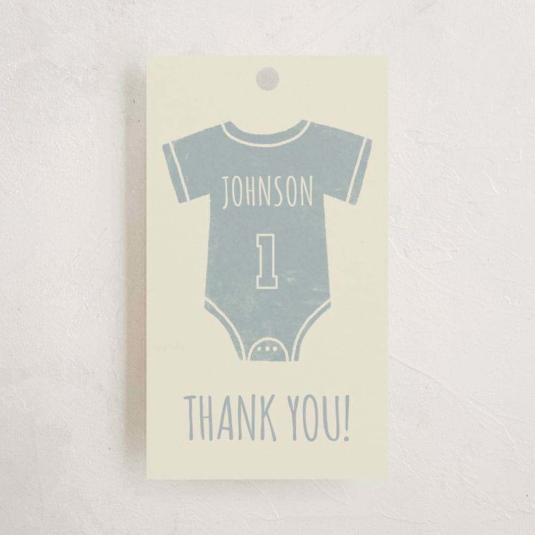 "Baseball Baby Shower" - Baby Shower Favor Tags in Sky by Rebekah Canavan - Front