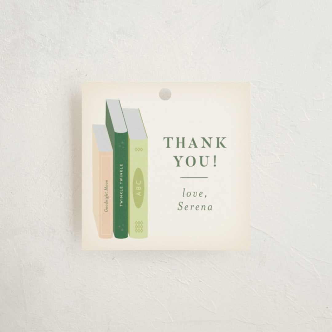 "Book Stack" - Baby Shower Favor Tags in Blush by Palm Bridal - Front