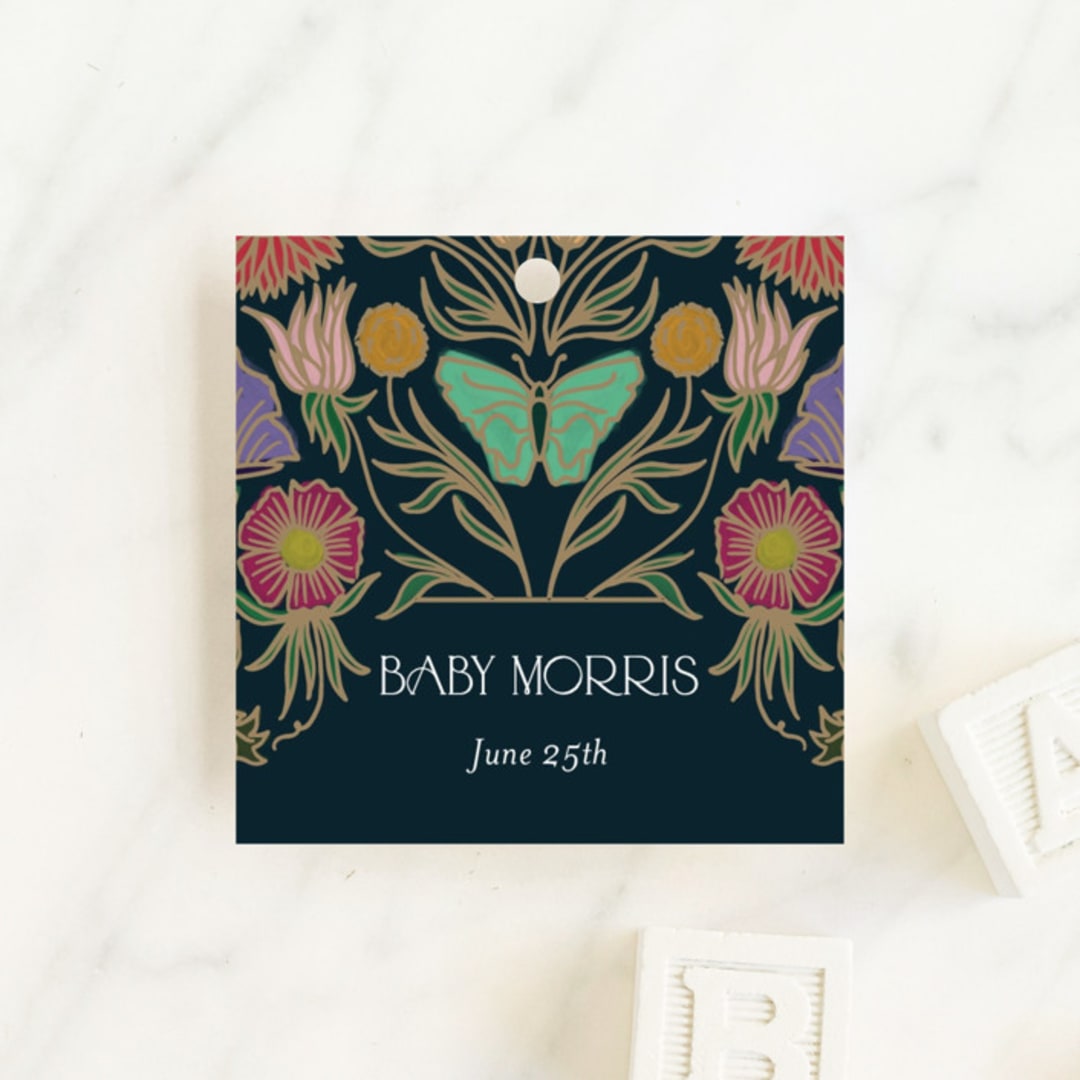"Gilded Tapestry" - Baby Shower Favor Tags in Midnight Garden by Simona Camp - Front